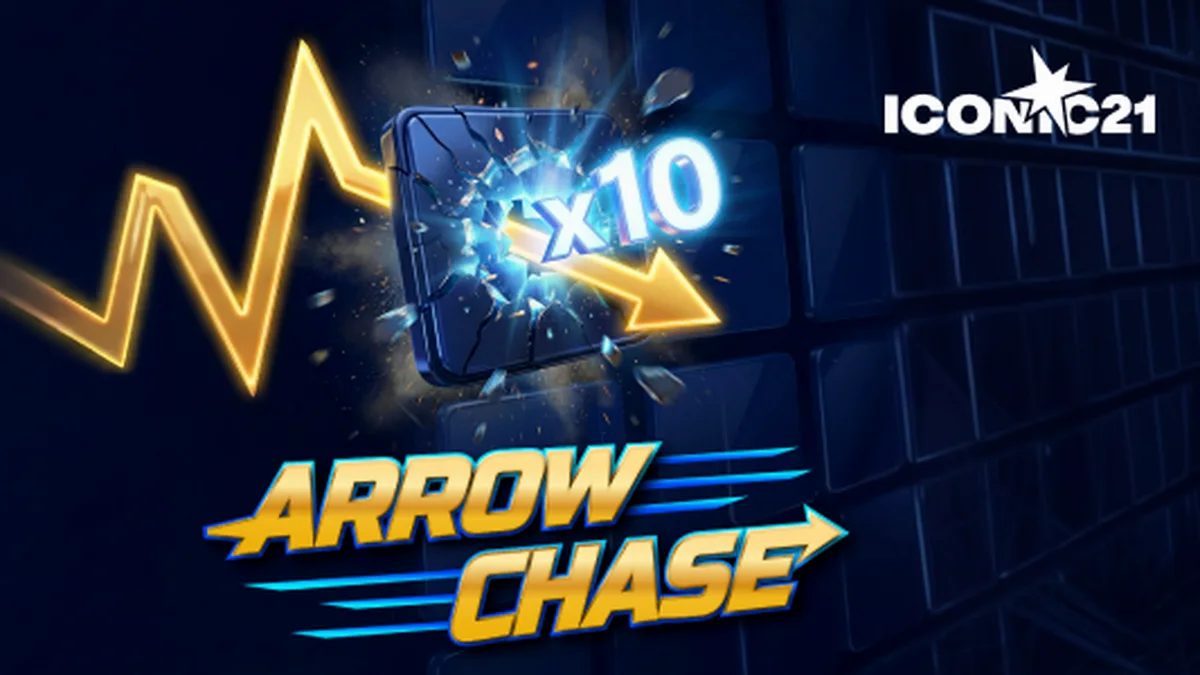 Tampilan visual dinamis permainan Arrow Chase dengan panah dan kisi-kisi pengali