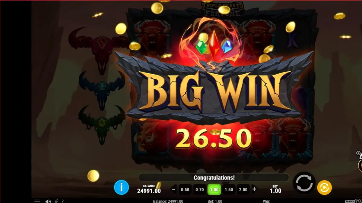 Pemandangan ngarai prasejarah dengan totem binatang dalam Triple Beasts of Fortune